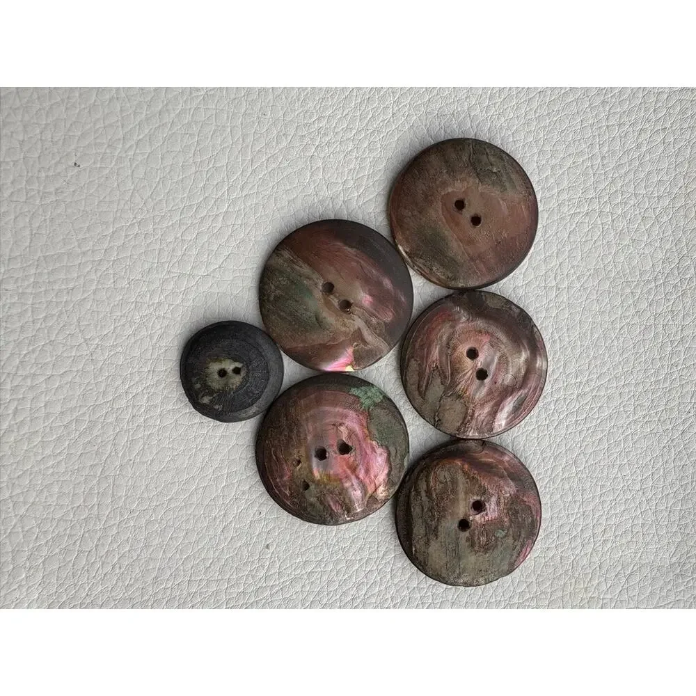 Antique Mother Of Pearl Abalone Etched Buttons Set of 6 Village Scene - Picture 6 of 6